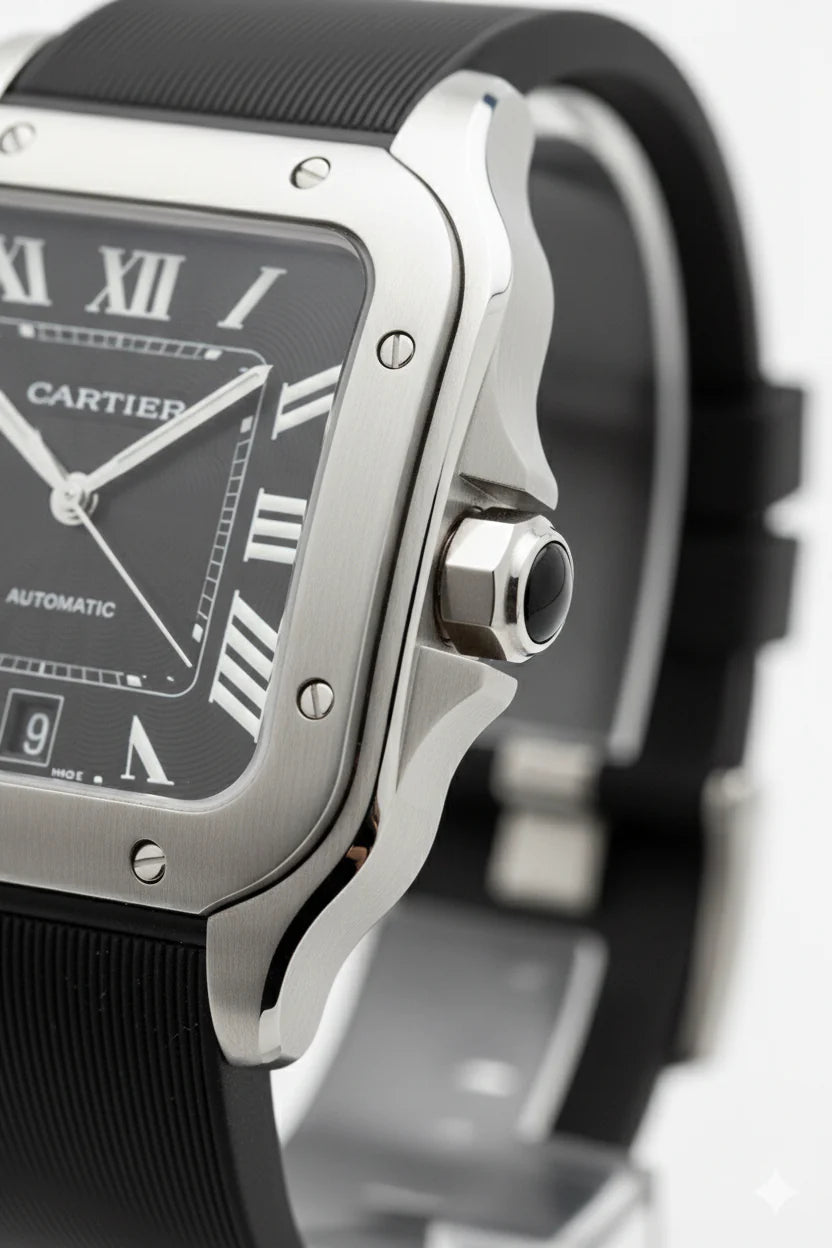 Montre Cartier Santos – Cadran Noir & Boîtier Argent | Élégance Moderne