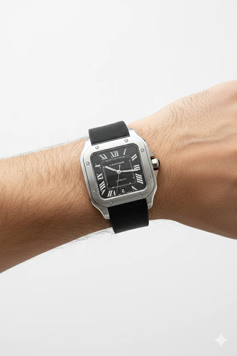 Montre Cartier Santos – Cadran Noir & Boîtier Argent | Élégance Moderne