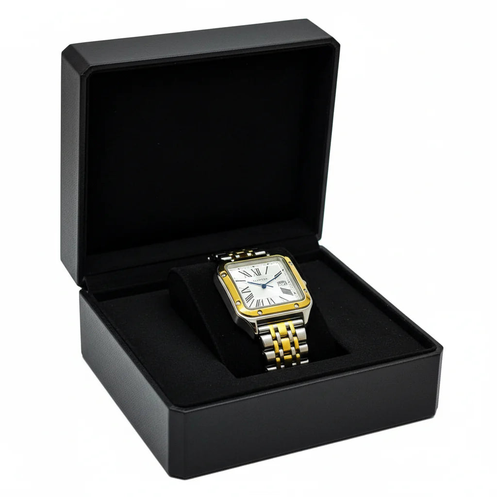 Montre Cartier Style Santos Bicolore – Bracelet Or et Argent, Cadran Romain et Aiguilles Bleues