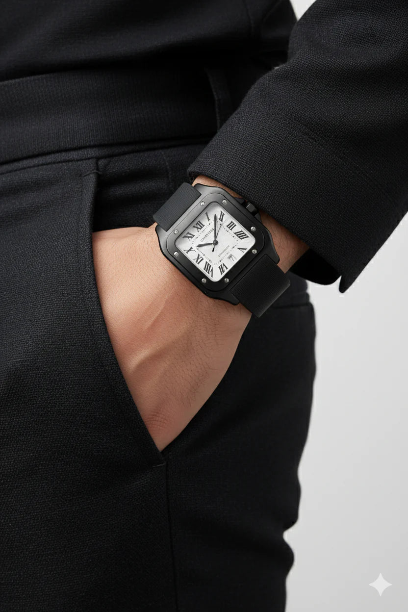 Montre Cartier Santos – Cadran Noir &amp; Boîtier Argent | Élégance Moderne