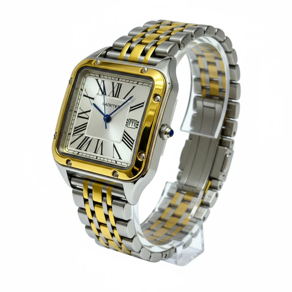 Montre Cartier Style Santos Bicolore – Bracelet Or et Argent, Cadran Romain et Aiguilles Bleues