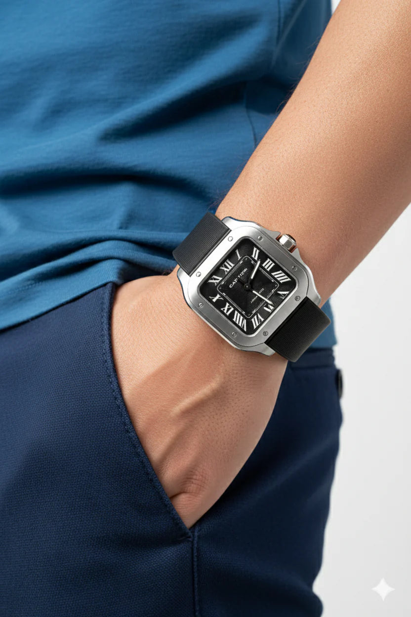 Montre Cartier Santos – Cadran Noir & Boîtier Argent | Élégance Moderne