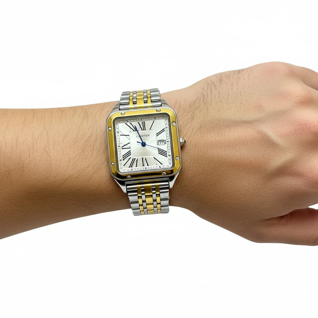 Montre Cartier Style Santos Bicolore – Bracelet Or et Argent, Cadran Romain et Aiguilles Bleues