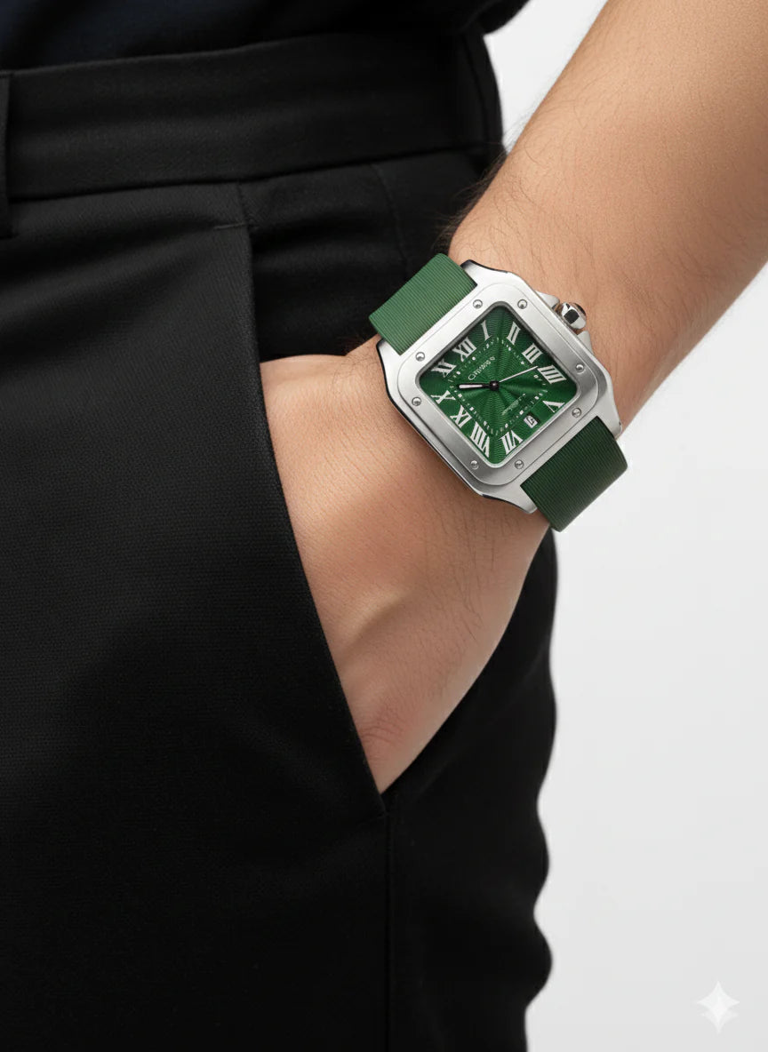 Montre Cartier Santos – Cadran Vert & Boîtier Argent | Édition Premium