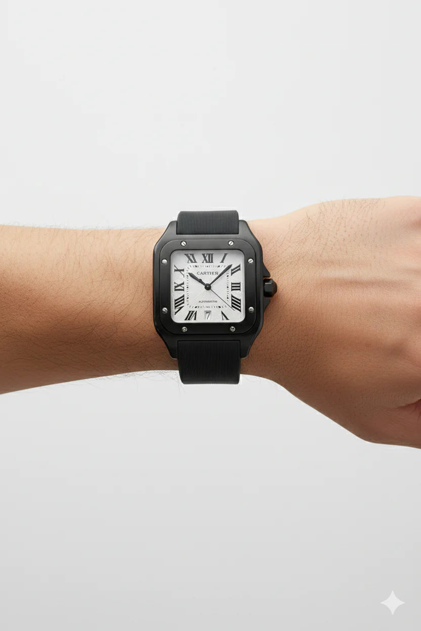 Montre Cartier Santos – Cadran Noir &amp; Boîtier Argent | Élégance Moderne